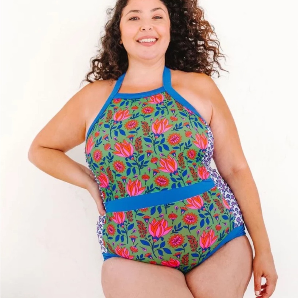 Lime Ricki Green Floral One-Piece halter Swimsuit with Pink & Blue Accents